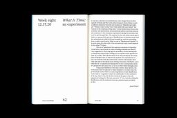 An interior spread from Group, on the left the title reads Week Eight 12.17.20, What is Time: an Experiment